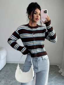 Elenzga Autumn/Winter Korean Vintage Versatile Round Neck Contrast Color Striped Single-Breasted Knit Cardigan Sweater For Women - Coffee Brown - View 3