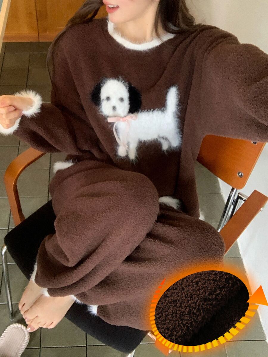 DAZY Happy Puppy Pattern Contrast Color Loose Knit 2-Piece Pajama Set For Women, Autumn/Winter - Coffee Brown - View 1