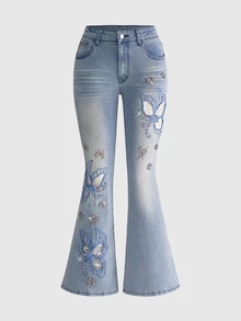 ROMWE Fairycore American Retro Washed Y2K Hot Girl Heavy Embroidery Butterfly Rhinestone Plus Size Women Slim Fit Flared Jeans - Blue - View 1