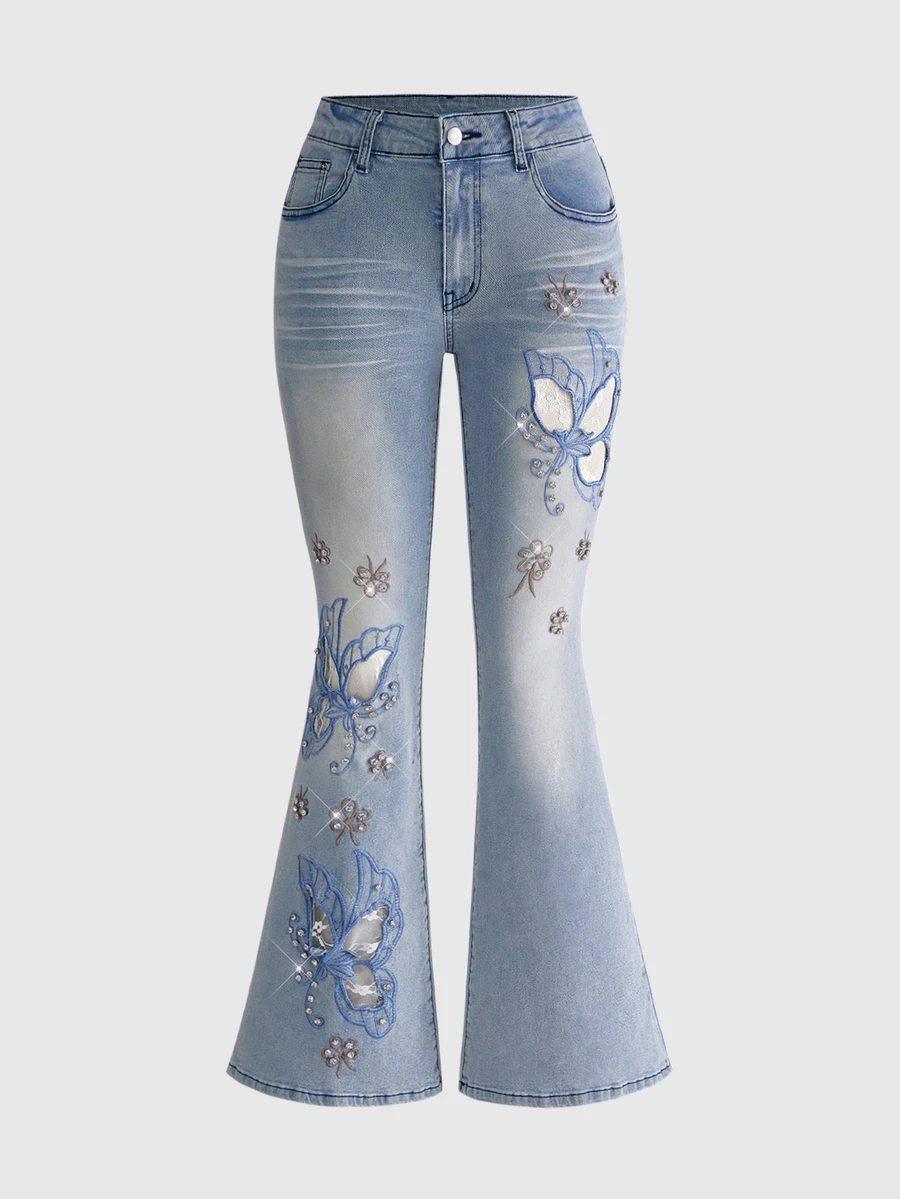 ROMWE Fairycore American Retro Washed Y2K Hot Girl Heavy Embroidery Butterfly Rhinestone Plus Size Women Slim Fit Flared Jeans - Blue - View 1