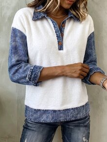 Balvessa Sweatshirt Wanita Kasual Dasar Musim Gugur/Dingin, Bertekstur Bulu Domba, Gaya Kargo Vintage Amerika, Efek Denim, Patchwork, Lengan Panjang Longgar, Setengah Kancing - MultiWarna - View 4