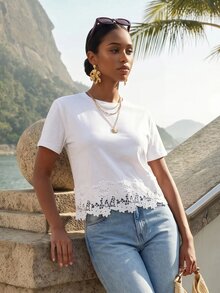 CAJUNI Women's Versatile Lace Patchwork Short Sleeve T-Shirt For Vacation And Travel - White - View 3