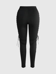 ROMWE Grunge Punk Dark Punk Motorcycle Heavy Duty Eyelet Webbing Tie Design High Elasticity Slim Fit Plus Size Cropped Pants - Black - View 2
