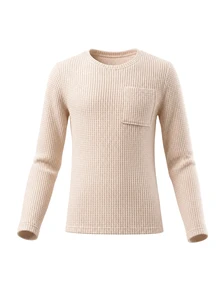 TaskEZ Apricot Long Sleeve Round Neck Elastic Waffle Knit Textured Inner Layer Top With Pockets, Comfortable Convenient Practical Minimalist Scrub Top - Apricot - View 3