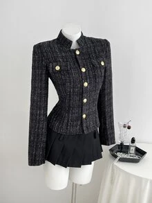 Elamini European And American Fashion Autumn/Winter Tweed Women's Overcoat - Black - View 1