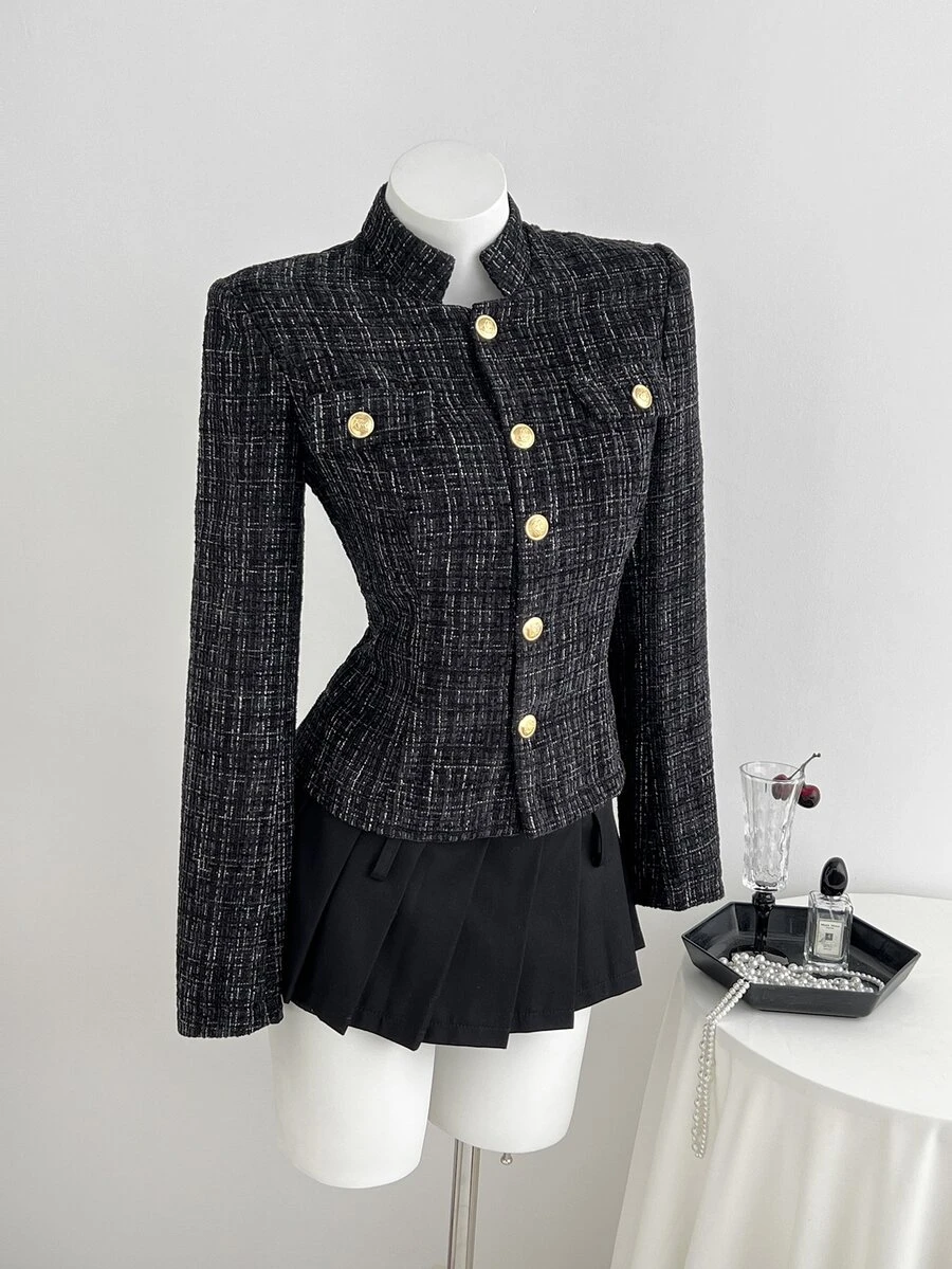 Elamini European And American Fashion Autumn/Winter Tweed Women's Overcoat - Black - View 1