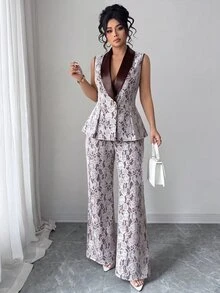 Elenzga 春夏女款復古優雅披肩領無袖收腰A字蕾絲複合面料精緻夾克長褲兩件套西裝，適合通勤、日常穿著、辦公室、購物、派對、音樂節等多種場合 - 咖啡棕 - 查看 7