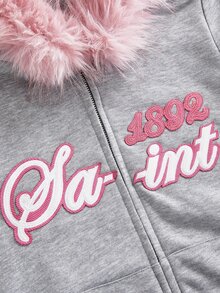 ROMWE Autumn/Winter Y2K Applique Embroidered Fur Collar Casual Women's Sweatshirt - Grey - View 4