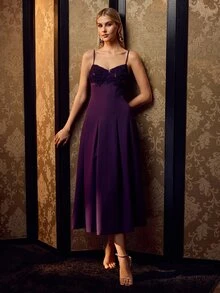 MOTF PREMIUM ELEGANT WOMEN SPAGHETTI STRAP 3D FLORAL APPLIQUE SATIN GOWN FOR FORMAL EVENING PARTY, WEDDING - Purple - View 7