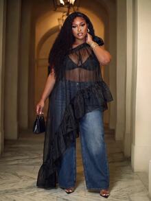 Slaydiva Spring/Autumn New Elegant & Luxurious Loose Solid Black One-Shoulder Top With 3D Floral Decor, Sheer Mesh Ruffle Patchwork And Extra-Long Train For Party, Wedding, Graduation, Cocktail, Birthday, Date, Prom And Other Occasions, Plus Size Women's Top-A - Black - View 5