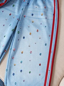 SHEIN 青少年女孩時尚牛仔效果印花運動長褲，適合日常休閒外出與各種場合，秋冬長褲 - 藍色 - 查看 7