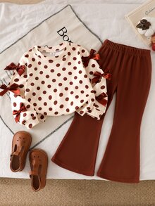 SHEIN Playful Pals 2件組女童幼兒極簡時尚棕色波點杏色底數位印花運動衫與棕色長褲套裝 - 杏色 - 查看 5