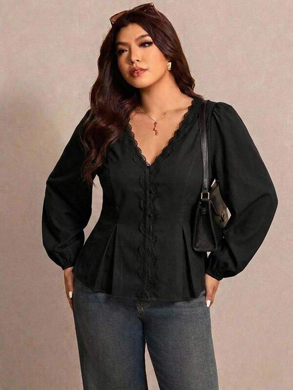 Elaquor Autumn New Plus Size Black Solid V-Neck Long Sleeve Blouse