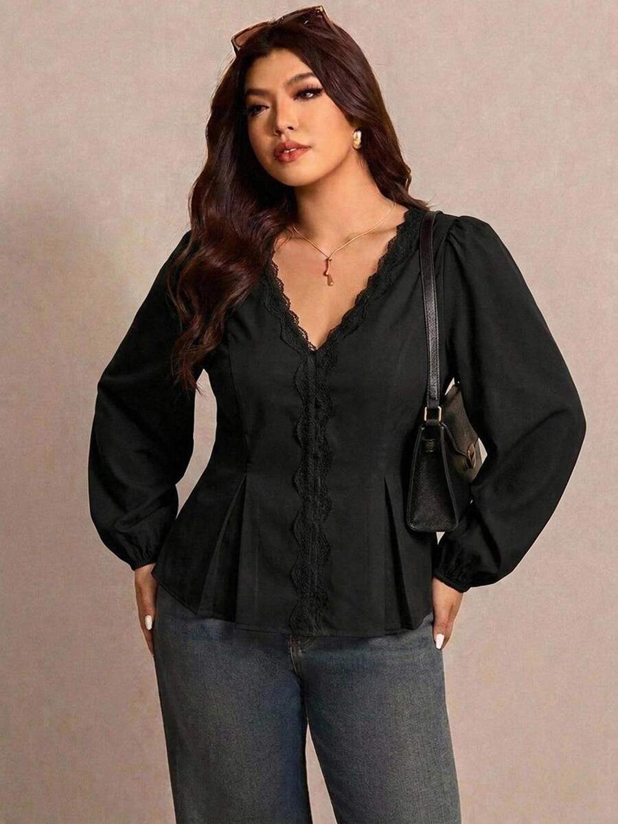 Elaquor Autumn New Plus Size Black Solid V-Neck Long Sleeve Blouse - Black - View 1