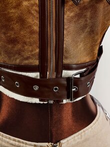 Amplova PU Composite Faux Fur Cropped Waist Jacket, Retro Dropped Shoulder, Autumn/Winter - Brown - View 7