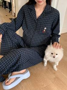 DAZY Contrast Color Plaid Pattern Embroidered Loose Long Sleeve Top & Straight Leg Pants Casual Daily Home Wear Spring Autumn Maternity 2 Pieces Set - Blue - View 7