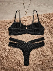 HautHeat 2pcs Lace Patchwork Non-Padded Underwire Balconette Push Up Bra With Cross Straps, Sexy Satin Cup Detail Women's Lingerie Set - Black - View 2