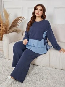 Lacomfia Autumn/Winter Casual Elegant Ribbed Patchwork Crew Neck Pullover Knit Textured Tie-Up Button Patchwork Long Sleeve Loose Versatile Plus Size Women's 2 Pieces Set - Multicolor - View 1