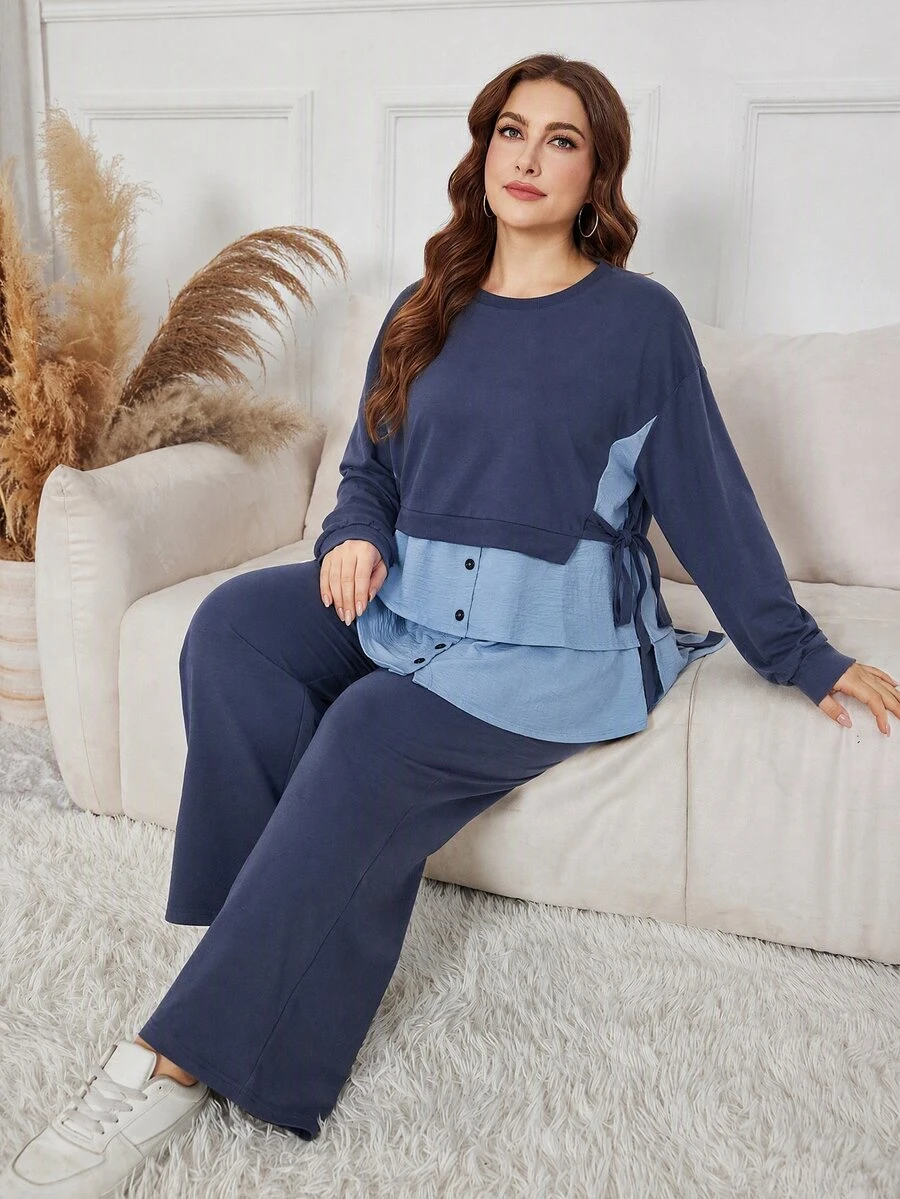 Lacomfia Autumn/Winter Casual Elegant Ribbed Patchwork Crew Neck Pullover Knit Textured Tie-Up Button Patchwork Long Sleeve Loose Versatile Plus Size Women's 2 Pieces Set - Multicolor - View 1