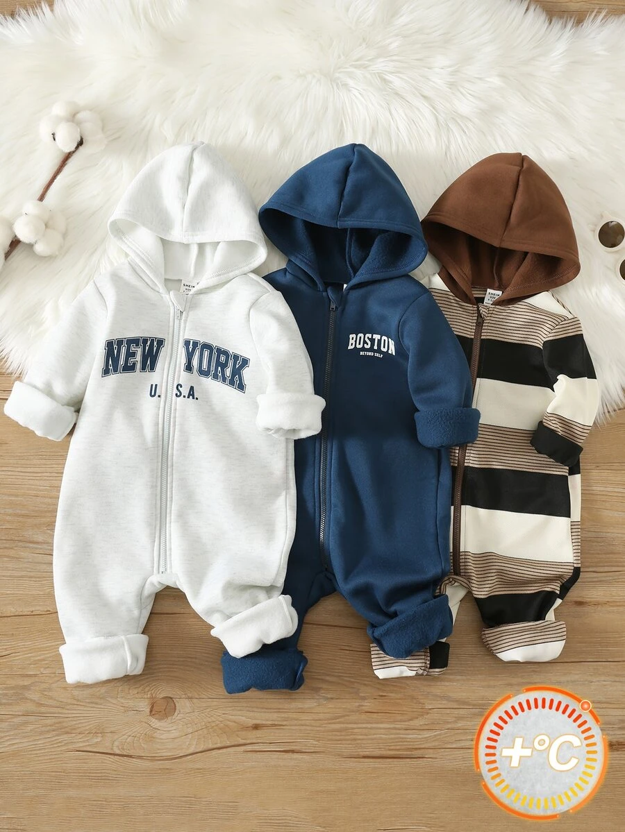 SHEIN 3pcs/Set Baby Boy Autumn/Winter Casual Cartoon Bear Patch Hooded Long Sleeve Romper & Long Pants Basic Bodysuit Multi-Piece Set Infant Romper - Multicolor - View 1