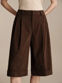 Anewsta Essential Anewsta Modern Autumn/Winter Versatile Brown Corduroy Loose Three-Quarter Length Shorts For Women - Brown - View 8