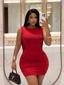 Slaydiva Plus Size Red Sequin Ruched Backless Mini Dress, Halloween Costume Sexy Party Cocktail Birthday Going Out - Red - View 3