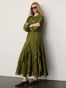 Aveloria Modichic Fall Olive Green Solid Chiffon Round Neck Long Sleeve Dress With Waist Belt Cinched Layered Ruffle Hem Elegant French Party Cocktail Brunch Dinner - Army Green - View 5