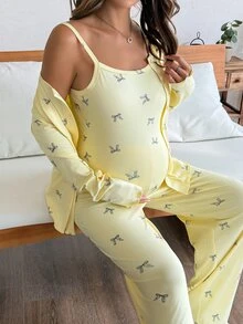 Dazy Maternity Setelan 3 Potong untuk Pakaian Rumah Kasual Sehari-hari dengan Motif Kupu-kupu (Kamisol Pas Badan, Kardigan Longgar, Celana Panjang Lurus), dan Setelan 2 Potong untuk Ibu Hamil/Musim Semi/Gugur - Kuning - View 3