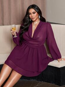 NU&NOW Gaun Pesta Elegan Bergaya Prancis, Model Kerah Berkerut Semi-Transparan, Lengan Panjang, Bahan Chiffon, Cocok untuk Wanita Ukuran Plus di Awal Musim Gugur, Cocok untuk Kencan dan Aktivitas Luar Ruangan. - Purple - View 4