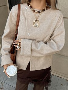 DAZY Women's Autumn/Winter Round Neck Long Sleeve Asymmetric Front Loose Solid Color Minimalist Casual Commuter Jacket Cardigan Overcoat - Khaki - View 2