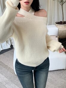 DAZY Autumn/Winter Cross Halter Neck Off Shoulder Loose Elegant Date Party Beige Women Sweater - Beige - View 6