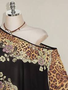 SHEIN ICON 女款大尺碼花卉豹紋單肩不對稱下擺上衣 - 彩色 - 查看 4
