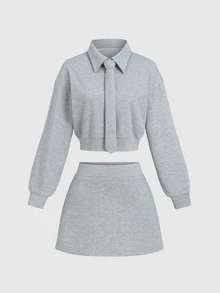 Sweetra Women's 2 Pieces Set Solid Color Top And Skirt With Tie Knot, Elegant Preppy Style - Grey - View 3