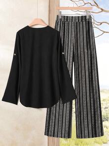 Rusticease Women's Contrast Black And White Striped Long Sleeve 2 Pieces Set, Suitable For Autumn/Winter - Khaki - View 2
