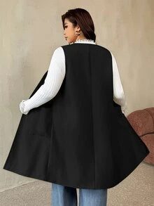 Auralis 大尺碼女款純色休閒百搭日常穿搭背心外套 - 黑色 - 查看 3