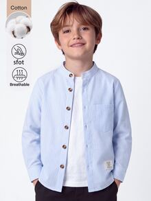 SHEIN 男孩 3-7 歲簡單休閒棉質條紋立領長袖襯衫，舒適柔軟面料，百搭風格，適合學校、外出、度假、派對等多種場合 - 藍色 - 查看 1