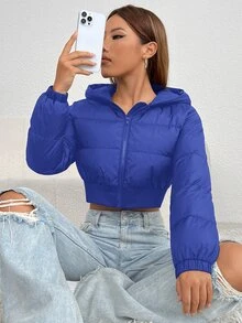 SHEIN PETITE 女款舒適冬季長袖短版連帽外套 - 藍色 - 查看 5
