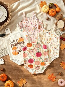 Souflis Souflis 4pcs Baby Girl Casual Cute Halloween Pumpkin Cartoon Ghost Butterfly & Letter Print Spaghetti Strap Rompers - Multicolor - View 1