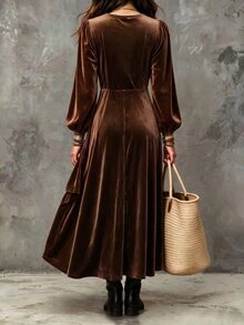 LUMIGAL 女款休閒純色不對稱下擺度假洋裝 - 棕色 - 查看 2