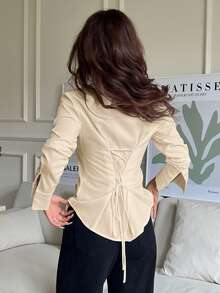 SHEIN EZwear 100%純棉杏色女款休閒百搭前扣式後收腰修身長袖襯衫，適合秋冬穿著 - 杏色 - 查看 7
