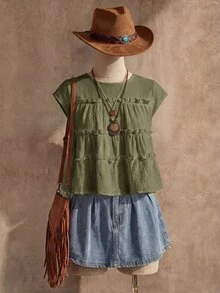 Wildy Gaya BOHO Cottagecore Kasual Gaya Pedesaan Amerika Longgar Hijau Sage Lengan Pendek Musim Panas Piknik Brunch - Hijau Tentara - View 2