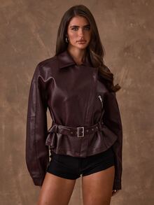 SHEIN BAE Jaket Kulit PU Wanita Warna Polos dengan Bahu Longgar, Lengan Panjang, dan Resleting Depan - Burgundy - View 6