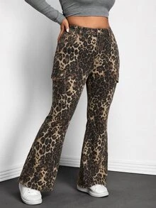 Jeanoix Plus Size Women's Leopard Print Cargo Pocket Casual Flare Jeans - Multicolor - View 6
