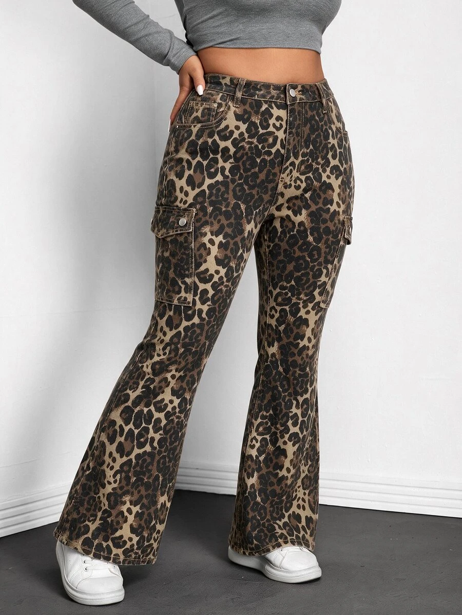 Jeanoix Plus Size Women's Leopard Print Cargo Pocket Casual Flare Jeans - Multicolor - View 1