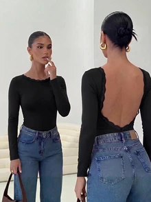 Firerie Women's Elegant Romantic Fashion Commute Sexy Elegant Style Backless Bodysuit, Suitable For Party, Vacation, Romantic Date And Wedding - Black - View 3