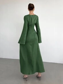 SHEIN Tall CURVE 大尺碼女款圓領長袖腰部金屬裝飾優雅連身裙 秋季 - 軍綠色 - 查看 2