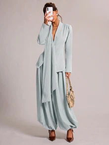 SHEIN BAE 時尚通勤純色燈籠西裝褲 - 淺藍色 - 查看 4