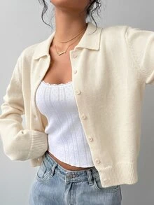 SHEIN BASICS Cardigan Rajut Lengan Panjang Kancing Serbaguna Gaya Lembut untuk Wanita - Aprikot - View 1
