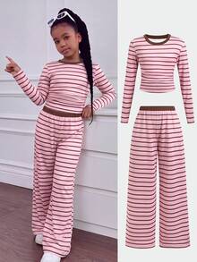 Tween Girls Versatile Pink Striped Colorblock Long Sleeve Top And Light Gray Pants 2 Pieces Set - Pink - View 6