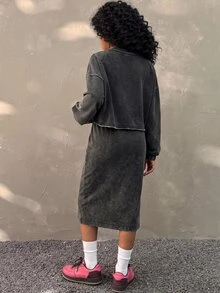 SHEIN 女童黑色針織丹寧短版寬鬆上衣與裙子兩件套 2026秋冬款 可愛Y2K百搭 萬聖節新年穿搭 青少年女孩 - 黑色 - 查看 4